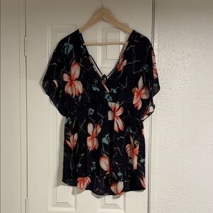 Torrid Black and Red Floral V-Neck Blouse
